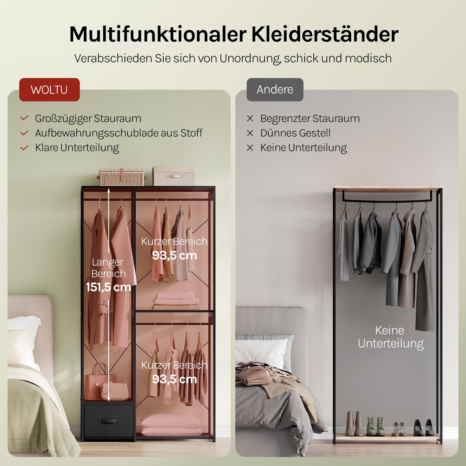 WOLTU Kleiderständer, mit 2 Kleiderstangen, 4 Ablagen und 1 Stoffschublade