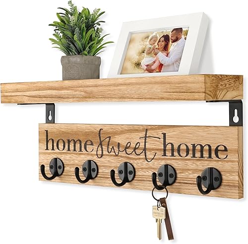 FIPUTE Soporte de pared para llaves, estante rústico con ganchos para abrigos, correas, madera de Paulownia con ganchos de metal para llaves mejora