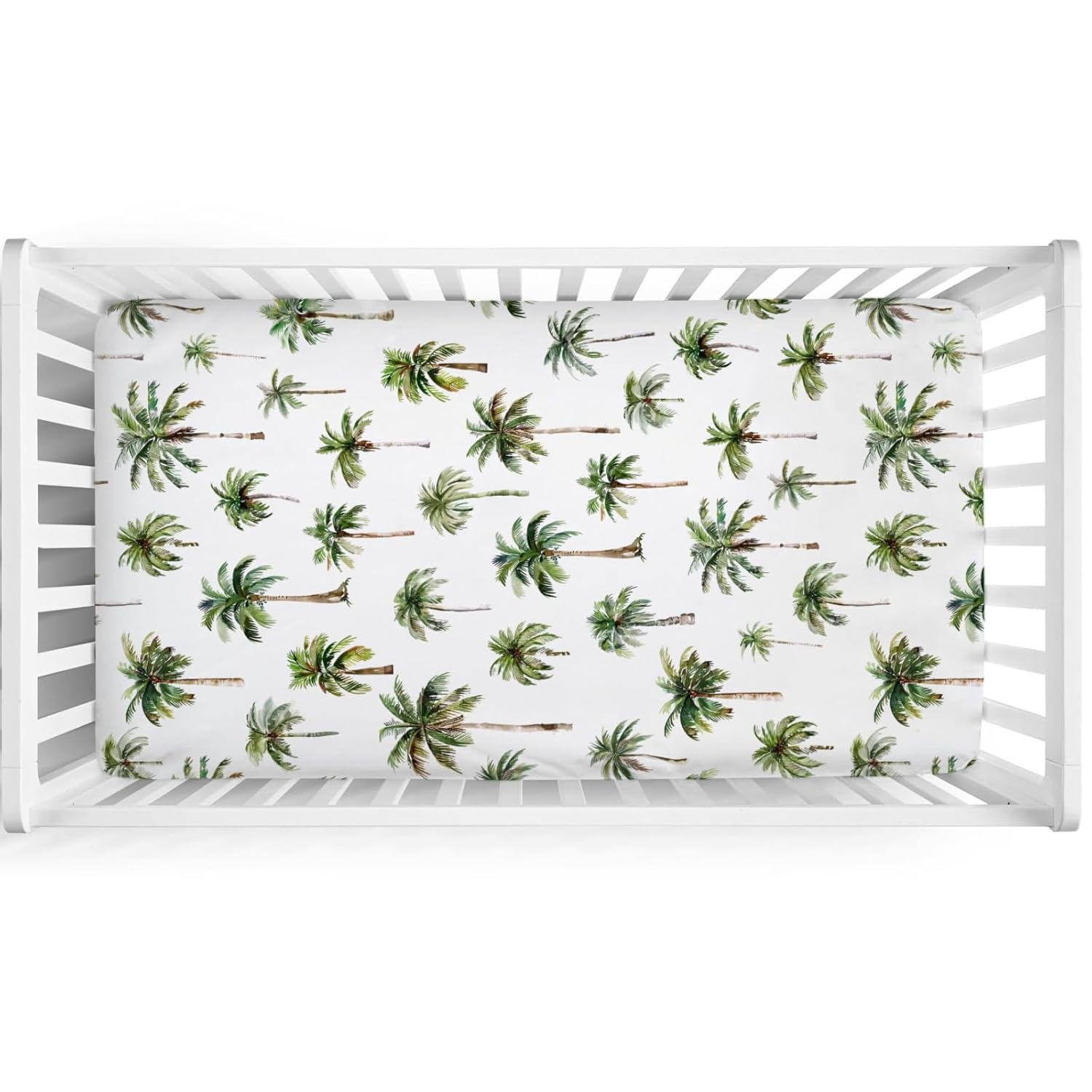 Watercolor Palm Trees Baby Crib Sheets 52''x28'' Green Coco Palm Trees Snug Fitted Crib Mattress Cover for Boy Girl Summer Beach Soft Baby Nursery Bed Sheets for Standard Crib and Toddler Mattresses