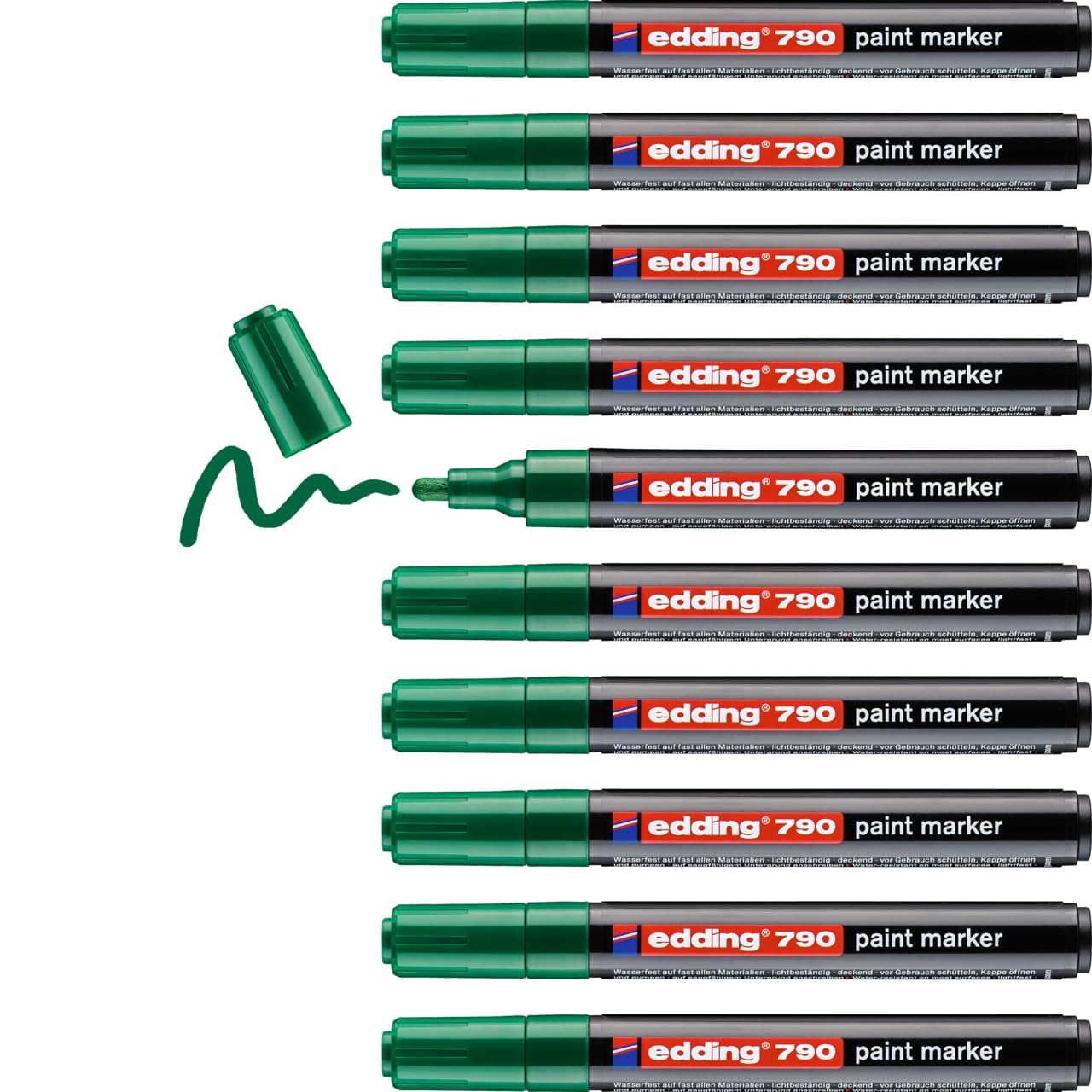 edding 790 paint marker - green - 10 pens - round nib 2-3 mm - paint marker for marking and labelling metal, glass, stone or plastic - highly opaque, permanent, smudge-proof