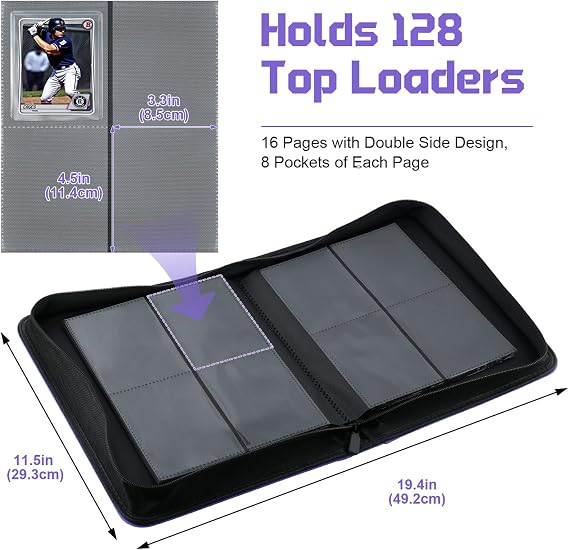 WITHYU Top Loader Binder for 3x4 Toploaders - Holds 128 Cards with 4 Pocket Side-Loading Pages, Zippered Album for Trading & Sports Cards (Purple)