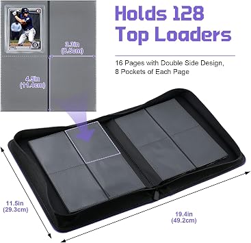 WITHYU Top Loader Binder for 3x4 Toploaders - Holds 128 Cards with 4 Pocket Side-Loading Pages, Zippered Album for Trading & Sports Cards (Purple)