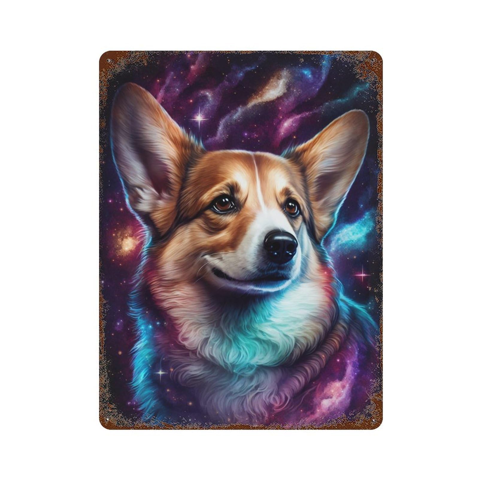 Cosmic Corgi Portrait-1 Rust Effect Tin Sign 15.7"x11.8", for Farmhouse, Kitchen And Entryway Decor, Decorative Metal Wall Art