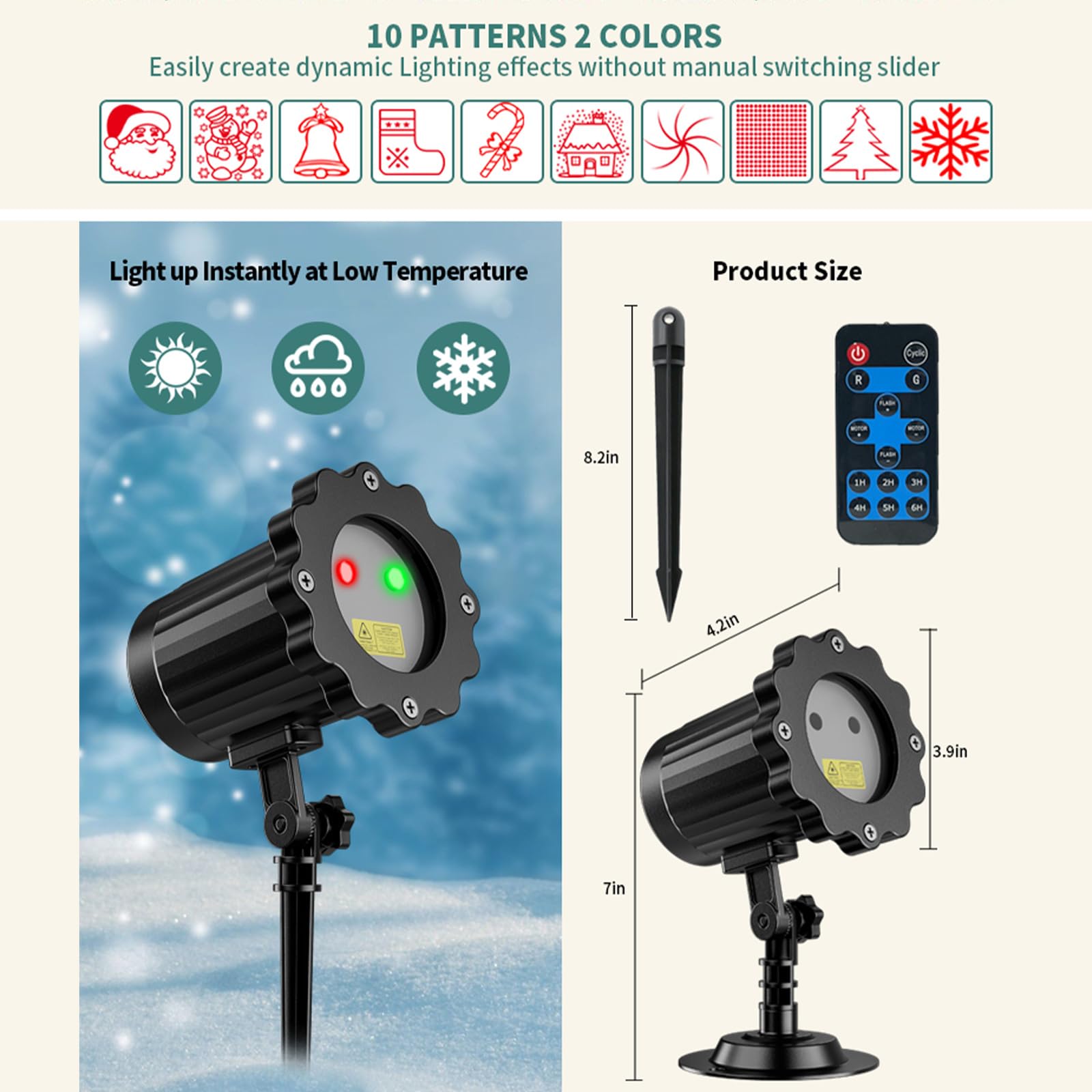 Proiettore di luce natalizia con telecomando, 10 modelli LED, rosso e verde, per decorazione natalizia per interni ed esterni, per cortile, casa e parete