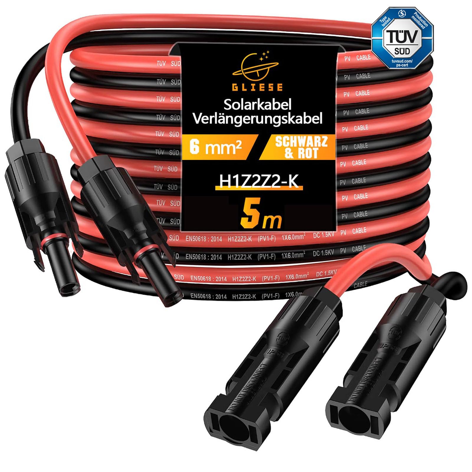 GLIESE Solarkabel 6mm² Kabel,H1Z2Z2-K Solar Verlängerungskabel mit Solarpanel Buchse und Stecker,PV Kabel,Rot+Schwarz Solar Kabel Für Solarpanel Kabel (6mm² x 5m)