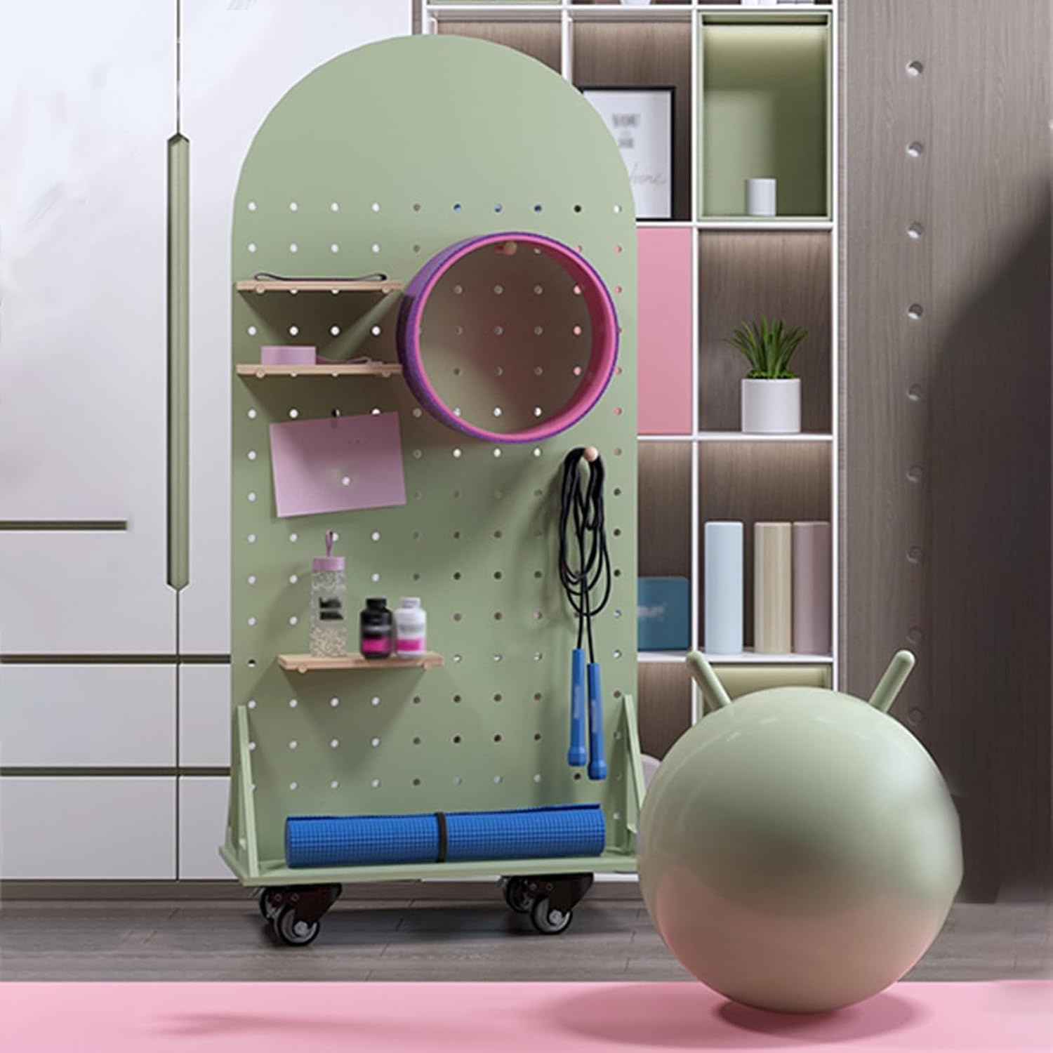 Multi-Functional Yoga Mat Holder Rack - Stylish Green Wood Storage for Home Gym Decor, Exercise Equipment Organizer with Partitions - Durable Yoga Mat Shelf