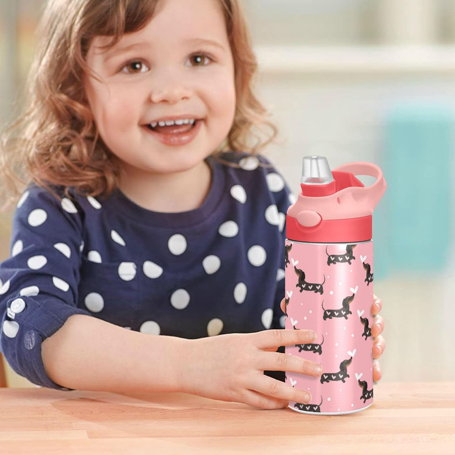 Pink Love Dachshund Dogs Kids Water Bottle with Straw and Carry Handle Cute Puppy Dog Vacuum Insulated Stainless Steel Bottles Leak-Proof for Boys Girls Toddler 12 oz Pink Lid