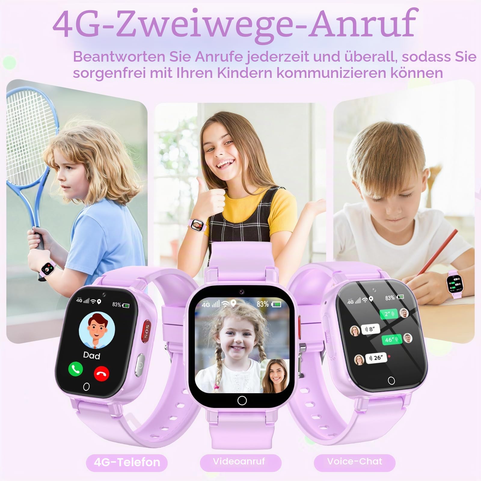 4G Smartwatch für Kinder mit GPS Tracker, 4G Telefon, SOS Notruf, Wecker, Schulmodus, Schrittzähler, Puzzle-Spiele, Kinderuhr Geschenk für Jungen Mädchen 4-12 Jahre (Lila)