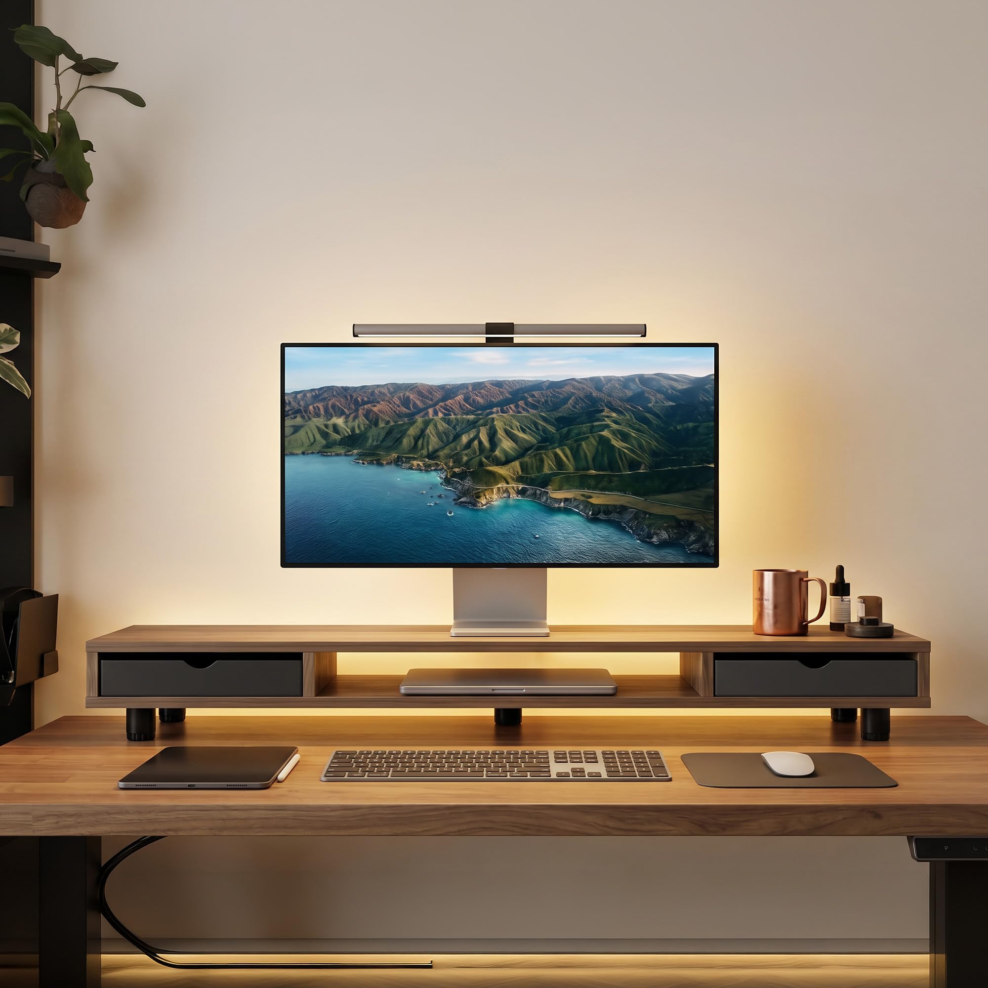 Fenge Monitorständer mit 2 PC Schublade,Höhenverstellbarer,108cm,Braun