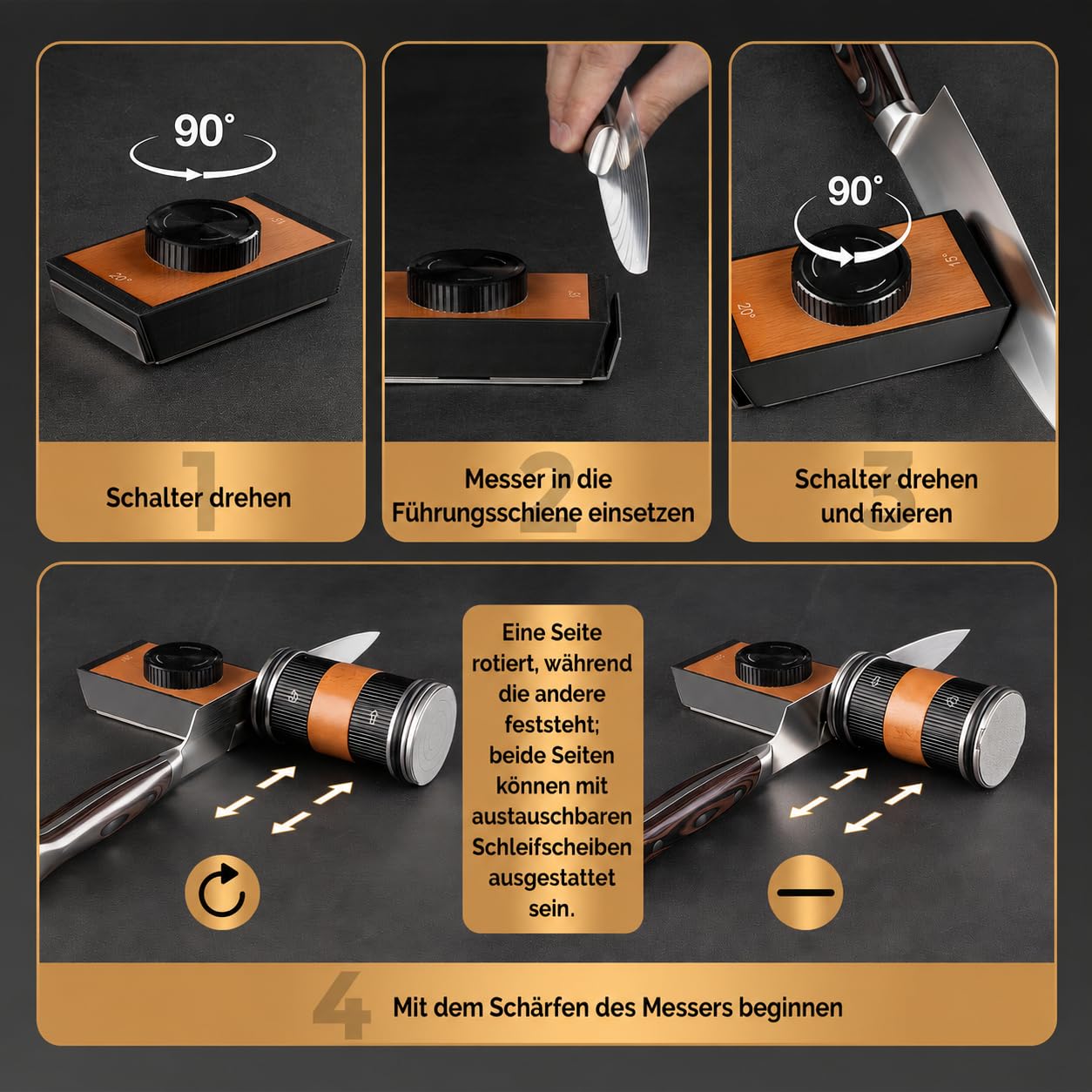 Rollschleifer Messerschaerfer für Küchenmesser, Messerschärfer Profi, Messerschärfer Rolle Mit 5 Stück Schleifscheiben, Rolling Knife Sharpener für 15 & 20 Schleifwinkel, Abziehsteine