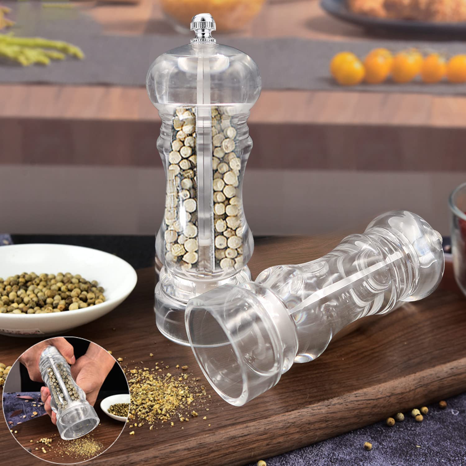 Set Di 2 Macinapepe E Macinasale In Vetro E Acciaio, Macinino Regolabile In Ceramica Da Fine A Grossolano, 180ml