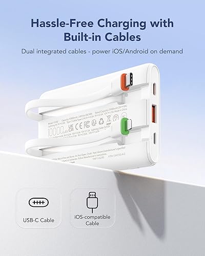 Miniatura 2 de VEGER Cargador portátil de 10000 mAh con 2 cables integrados, PD 22.5 W de carga rápida USB C, 4 salidas 3 entradas paquete de batería delgada