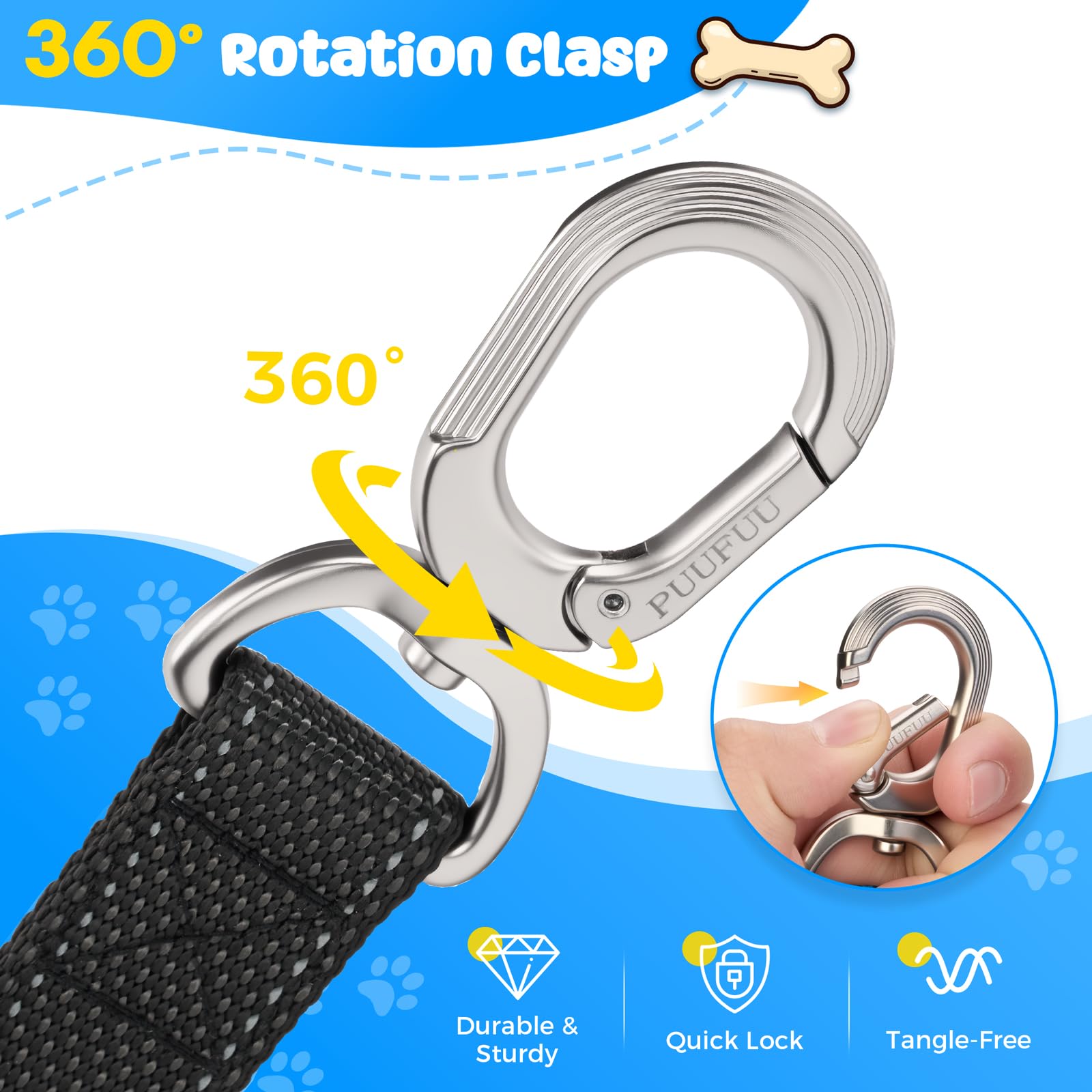 Heavy Duty Dog Leash with Easy Lock Metal Clip, Reflective, Padded Handle - Durable 4ft 8ft Walking Training Leash for Large, Medium, Small Dogs, Jogging, Hiking, and Outdoor Use (Black, 6 FT) - 5