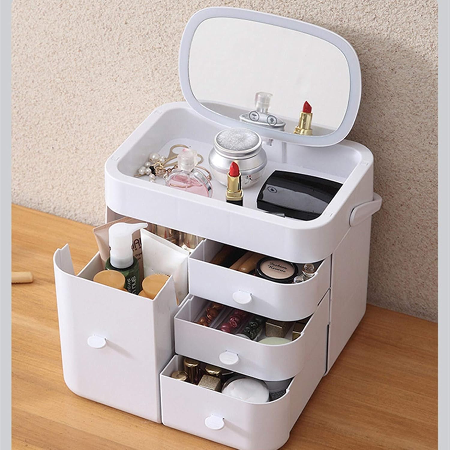 Cosmetic Storage Box Portable Makeup Box Cosmetic Box with Mirror and Light Dusoof and Waterproof Suitable for Bathroom and Dressing Table image 3
