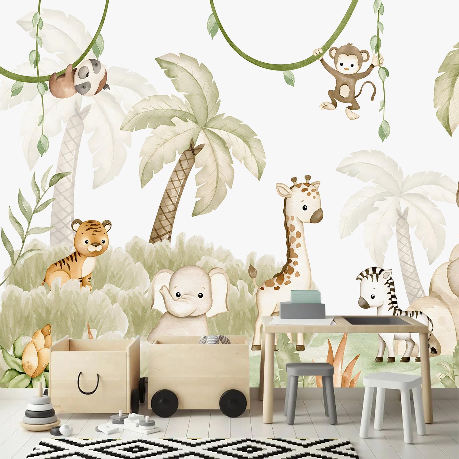 AFZEVEB-Safari Wallpaper Watercolor Animal Nursery Wall murals for Kids Room 114"x74"(Not Peel and Stick)