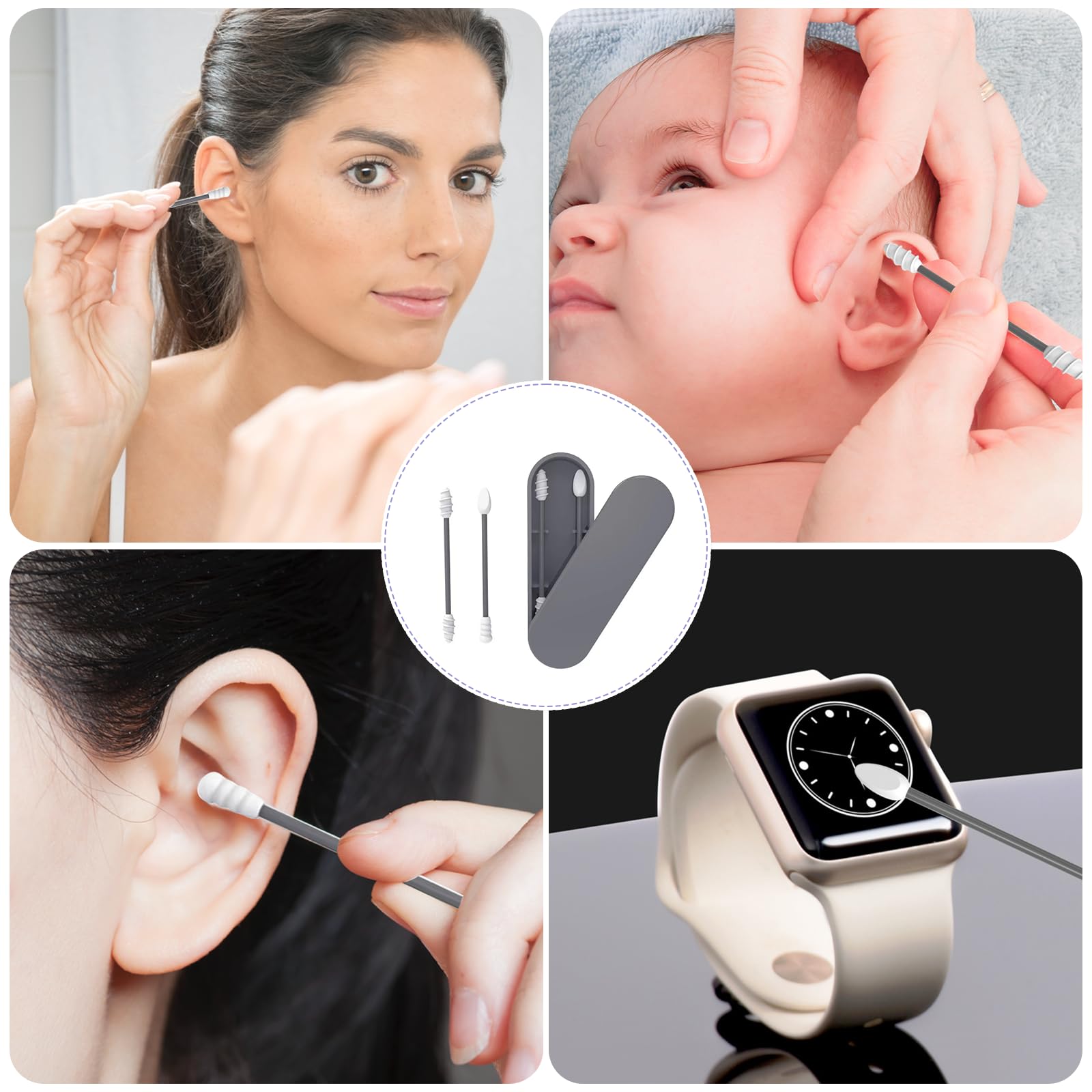 Lot de 8 Coton Tige en Silicone à Double Extrémité, Coton-Tige en Spirale Réutilisable et Lavable, Avec Boîte de Rangement Hygiénique - pour le Maquillage Quotidien et Nettoyage des Oreilles