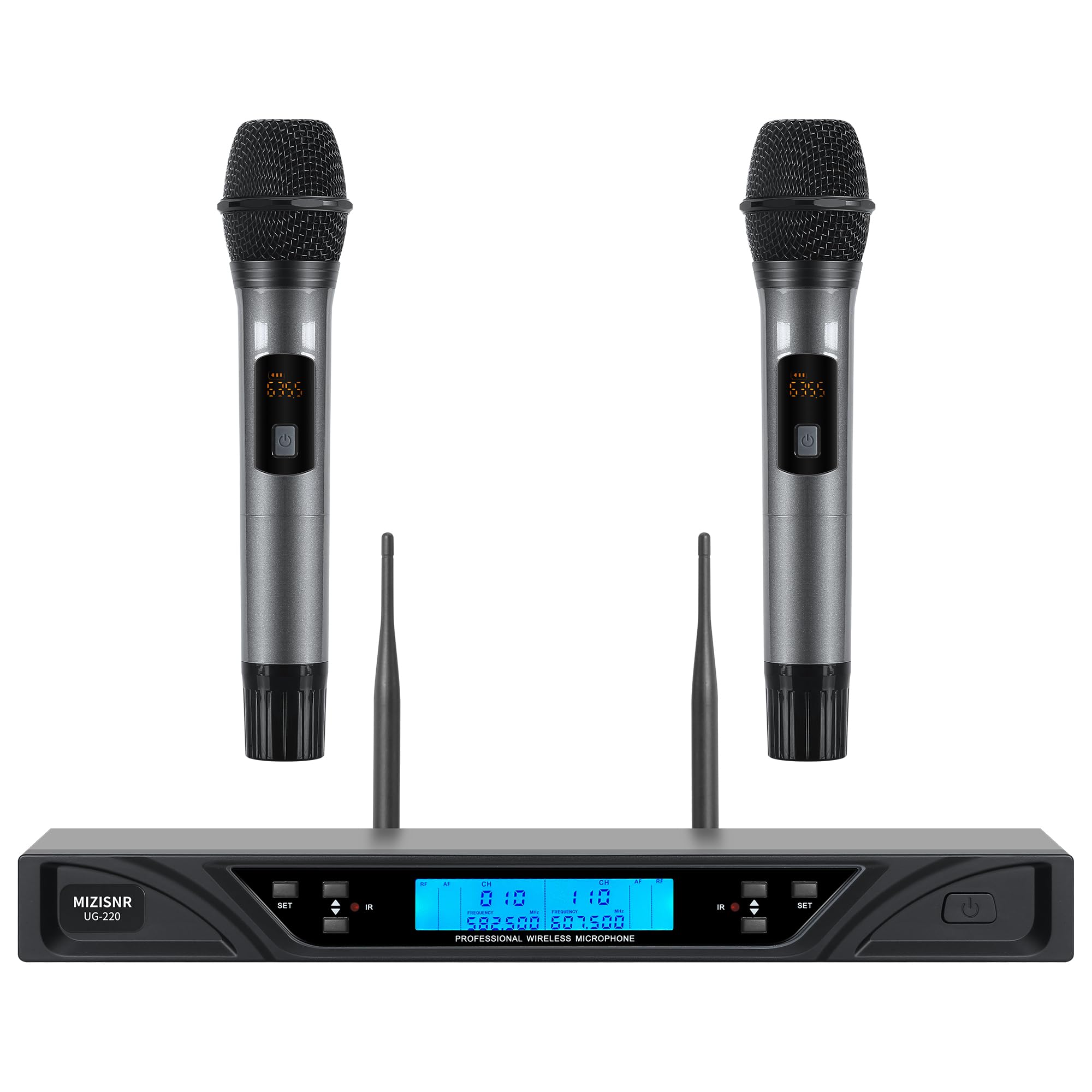 MIZISNR 4 Channel Wireless Microphone System Karaoke Mixer, UHF Rechargeable Cordless Handheld Mics with Echo/Treble/Bass, 50 Adjustable Frequencies Mic Set for Wedding, Church, Singing, DJ