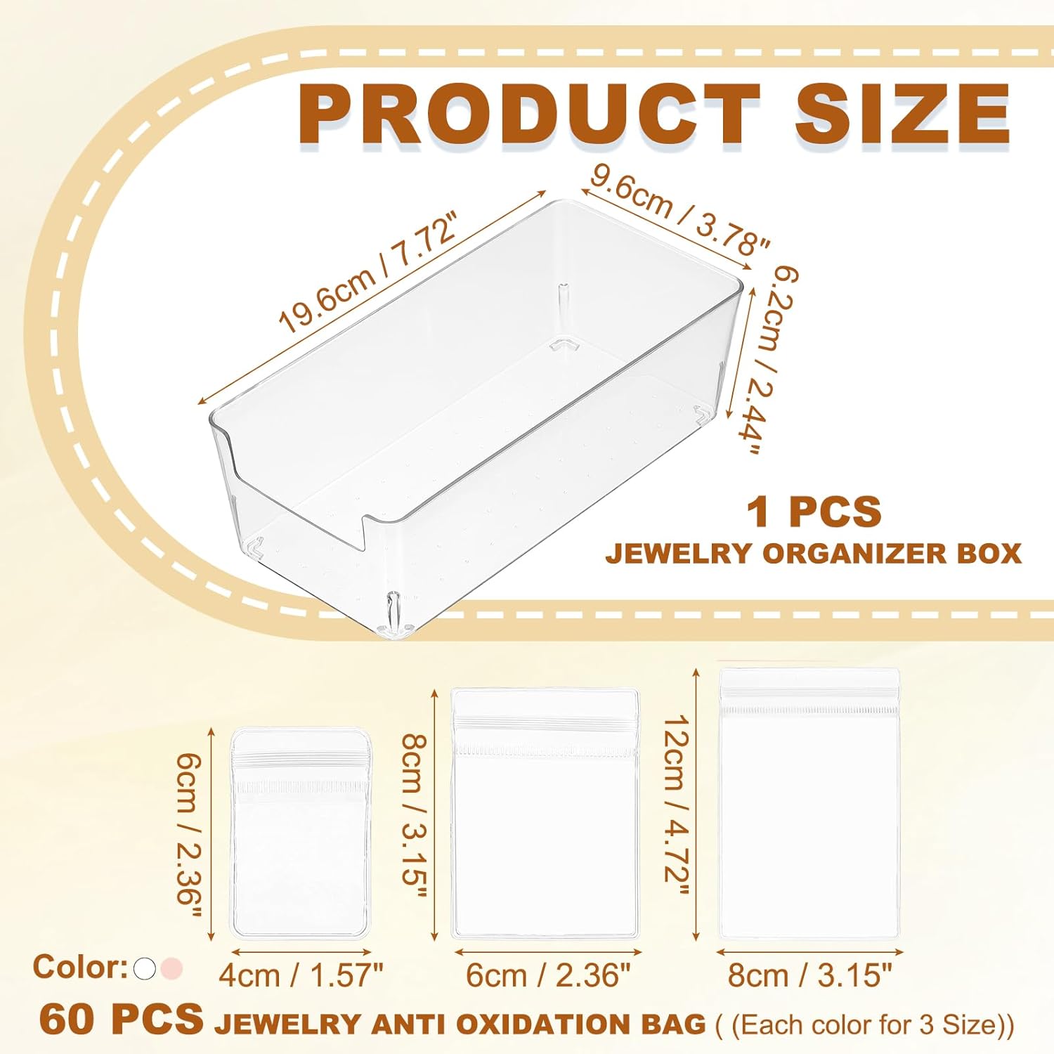 PATIKIL Clear Jewelry Box, Organizer Holder Box with 60 Pcs Portable Anti Tarnish Jewelry Bags, Travel Case for Women Earrings Rings Necklaces Bracelets, White, Pink 3 Size