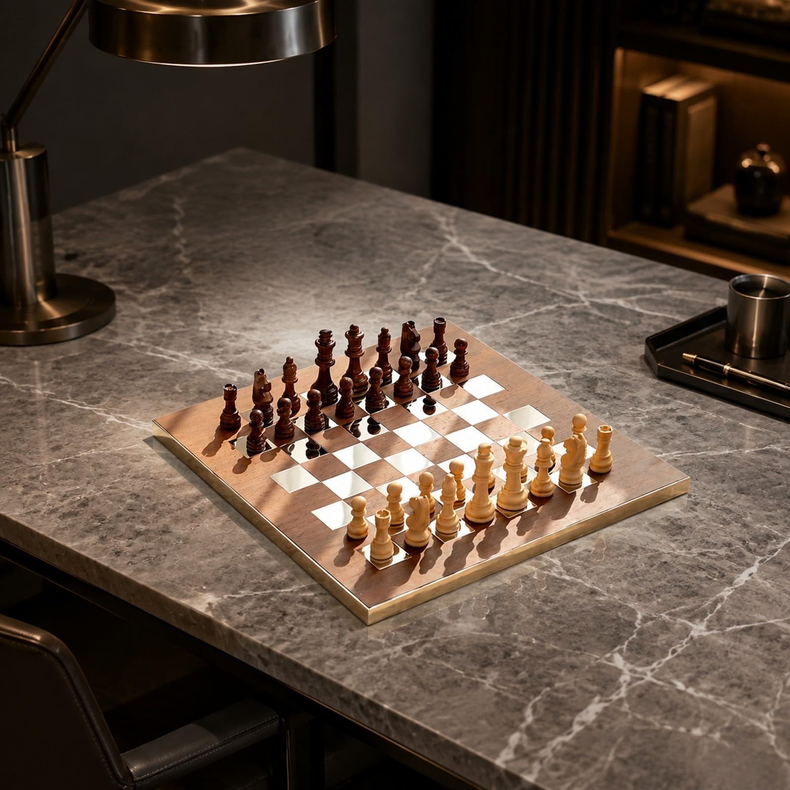 Échiquier Pièces D'échecs Résistant Échiquier en Bois Acier Inoxydable Élégant Jeu Société pr Bureau, Or