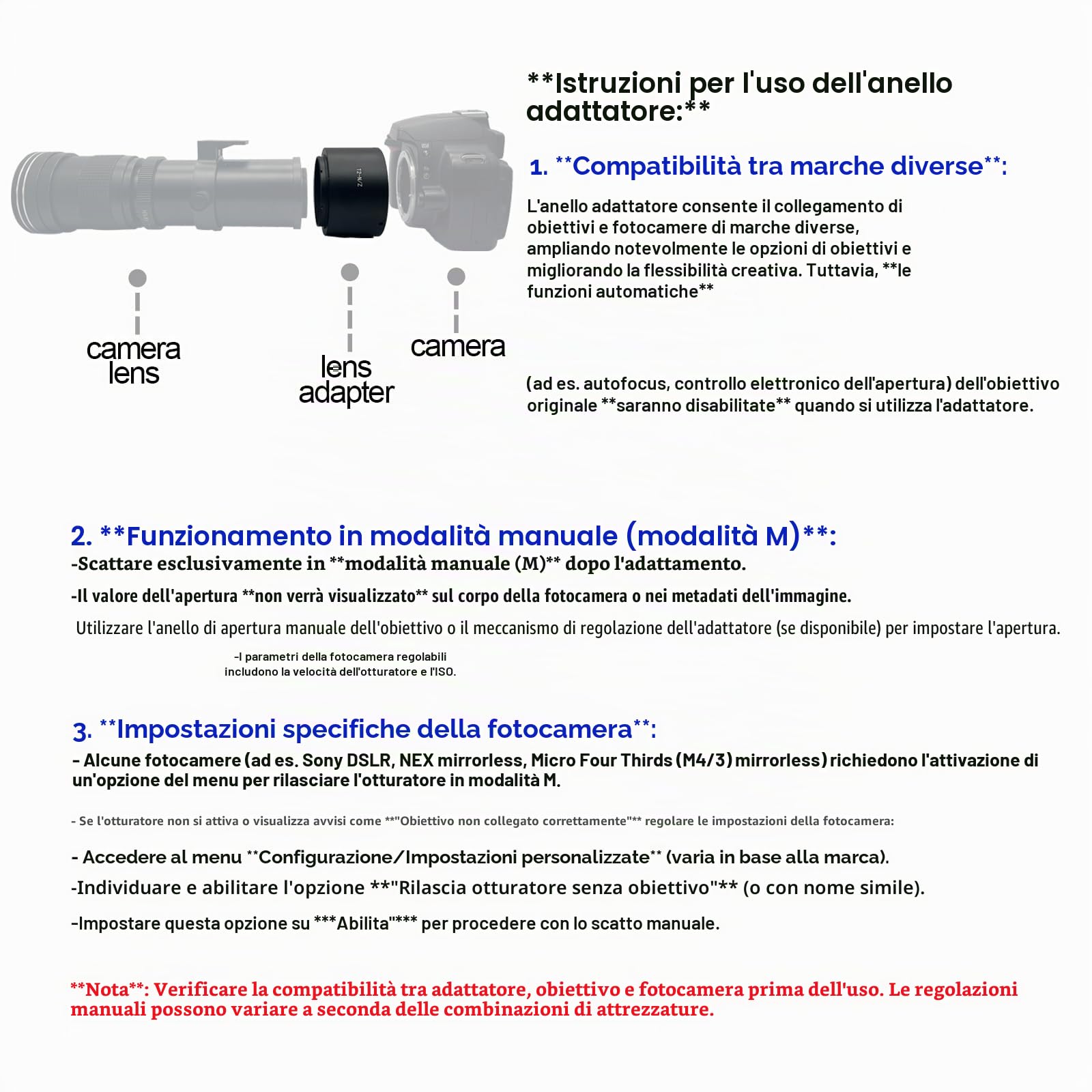 T2-Niko Z-Adattatore per obiettivo con filettatura T-Mount T2,compatibile con Nik Z7 e Z6 senza specchio,adattatore T2 to Niko Z Lens