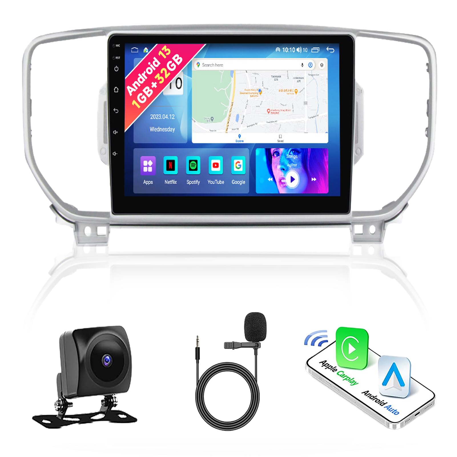 Android 13 Car Stereo for Kia Sportage KX5 2017-2019 9" Touch Screen Car Radio with Wireless CarPlay Android Auto GPS Navigation Bluetooth WiFi HiFi FM AHD Camera MIC (1GB/32GB-A Frame)