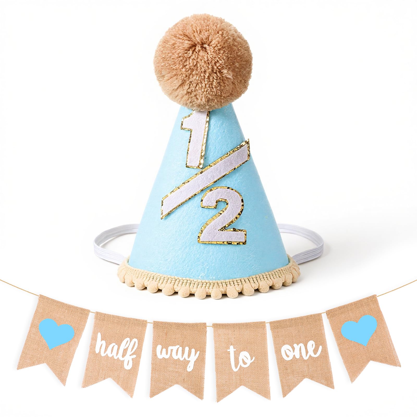 Tucnoeu 1/2 Birthday Hat Half Way to One Banner, Half Birthday Decorations, 6 Months Headwear Party Cone Hat