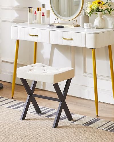 Miniatura 4 de IBUYKE - Taburete de tocador de lino en forma de U, silla de maquillaje cuadrada con pata en X, taburete otomano con reposapiés, multiusos como