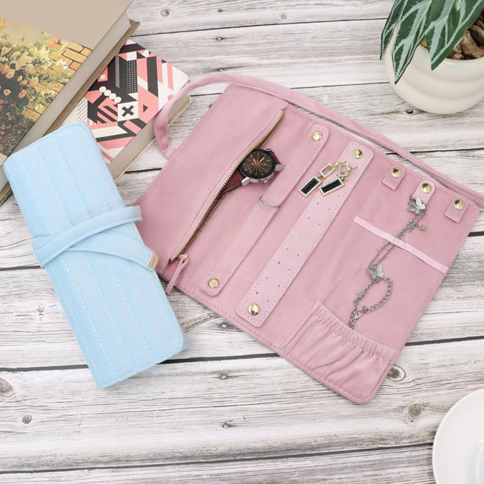 LLXYWJ Multifunktionale Samt-Schmucktasche, kompakter Organizer, Samt-Schmuckbeutel mit staubdichtem Fach für die Aufbewahrung auf Reisen
