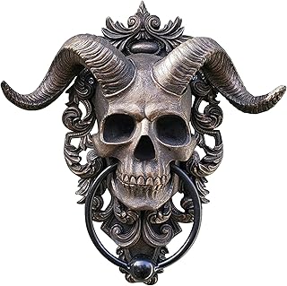 Leaflove Halloween Skeleton Doorbell Halloween Decoration Satan Statue Door Hanging Knocker Retro Door Knocker Wall Decoration Horn God and Devil Horn Head Skull Door Knocker 5.1x 4.7inch