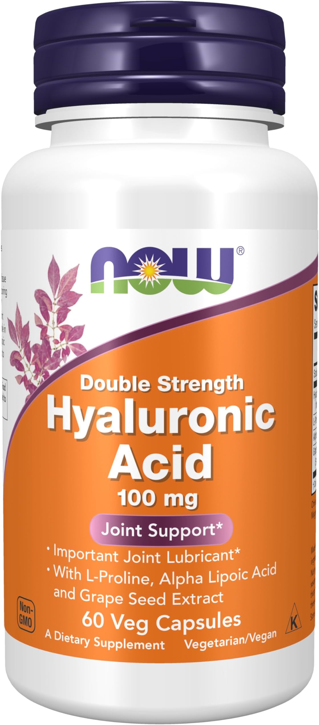 NOW Supplements, Hyaluronic Acid 100 mg, Double Strength with L-Proline, Alpha Lipoic Acid and Grape Seed Extract, 60 Veg Capsules