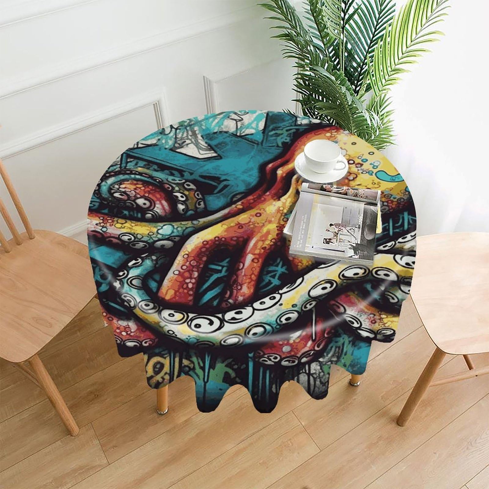 FekiLoot Round Color Graffiti Octopus Tablecloth Decorative Fabric Table Cloth Wrinkle Free Circle Dining Tablecover Washable Polyester Table Cover for Holiday Dinner Party Decor 60"