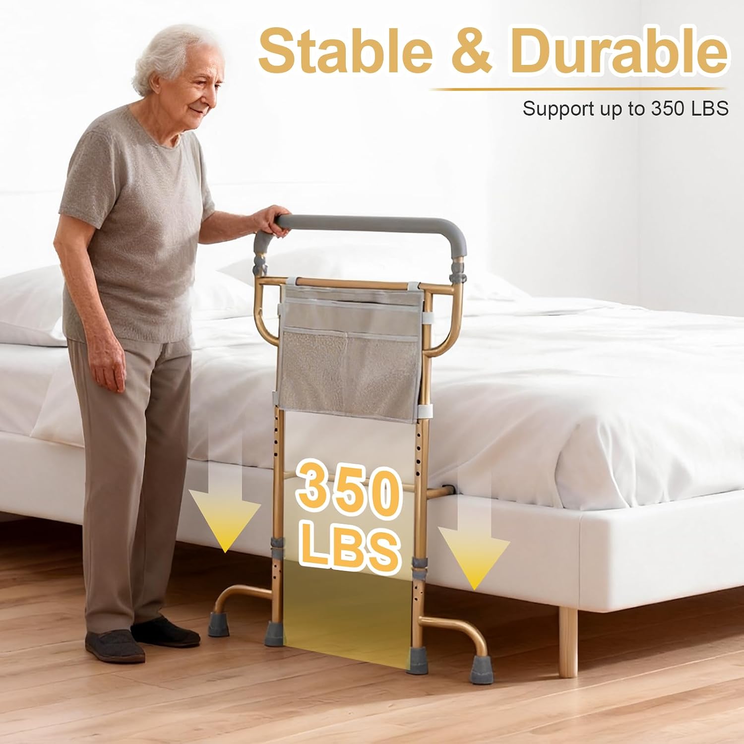 Bed Rails for Elderly Adults Safety - Adjustable Bed Assist Rails for Seniors with Non-Slip Ergonomic Handle & Storage Pocket, Bed Cane with 360° Swivel Dual Feet Supports Up to 350 LBS, Easy Assembly