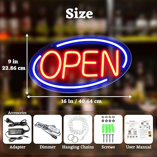 Miniatura 2 de Letreros de apertura para negocios, letrero abierto de neón ultra brillante, adaptador de interruptor de brillo ajustable de 16 x 9 pulgadas,