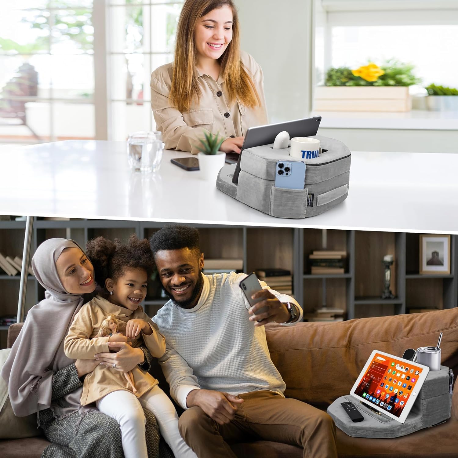 TabCouchCaddy - Couch Cup Holder Tray Pillow - Bed, Couch Caddy, Sofa, RV & Car - Holds Drinks, Snacks, Remotes, Phones, Kindle, Tablet | Bed Cup Holder (): Grey