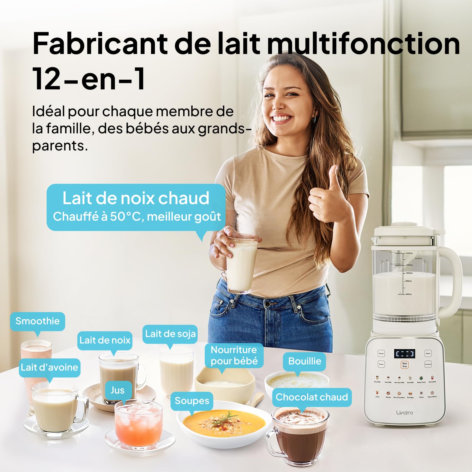 Machine à lait végétal 1,5 L 12‑en‑1,préparateur de lait de soja automatique,design détachable,lait d’amande/avoine & jus, départ différé 24 h, maintien au chaud,auto‑nettoyage,verrouillage sécurité