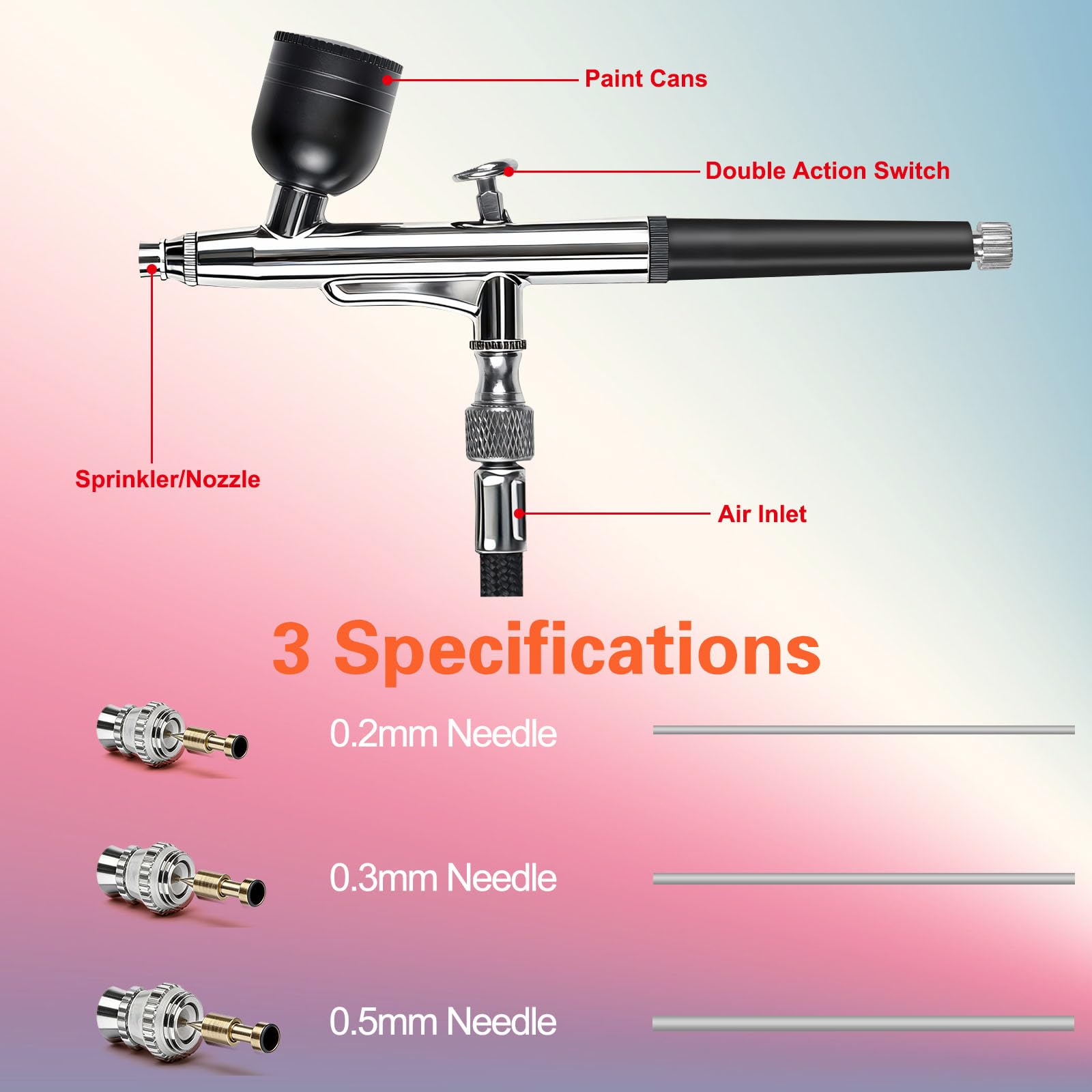 Kit d'aérographe avec compresseur d'air, 22/30/50 PSI haute pression non obstruant avec buse de 0,2/0,3/0,5 mm, idéal pour la peinture, le modelage, la décoration de gâteaux, le maquillage