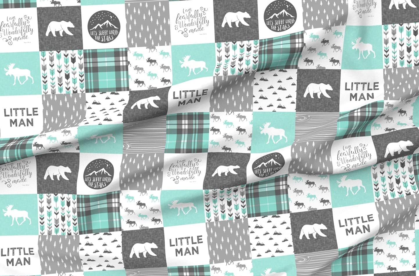 Spoonflower Fabric - Little Man Fearfully Made Scripture Baby Patchwork Quilt Top Teal Baby Printed on Petal Signature Cotton Fabric Fat Quarter - Sewing Quilting Apparel Crafts Decor