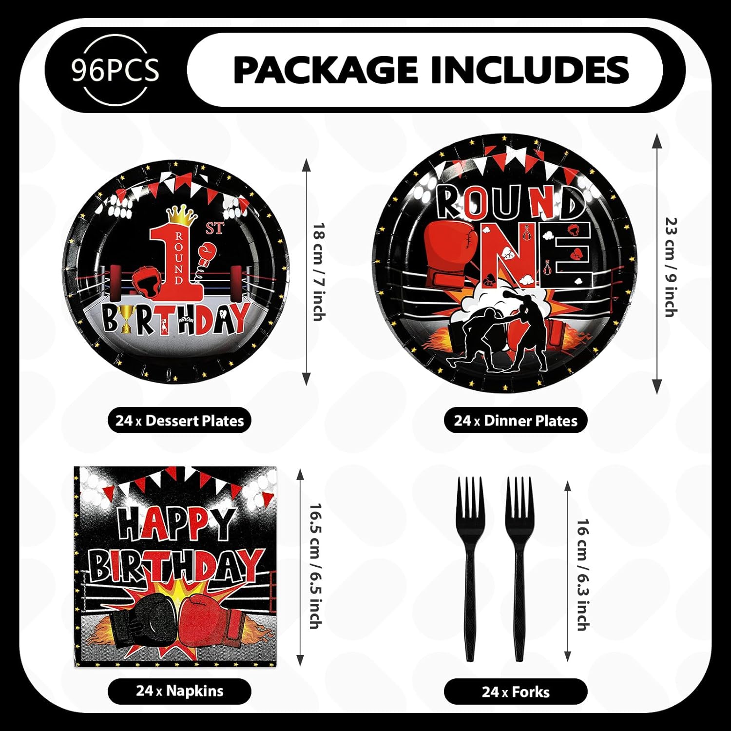 96Pcs Round One Boxing Birthday Decorations Boxing 1st Birthday Plates and Napkins Wrestling Disposable Tableware For 1 Year Old Baby Party Decorations Serve 24 - Image 2