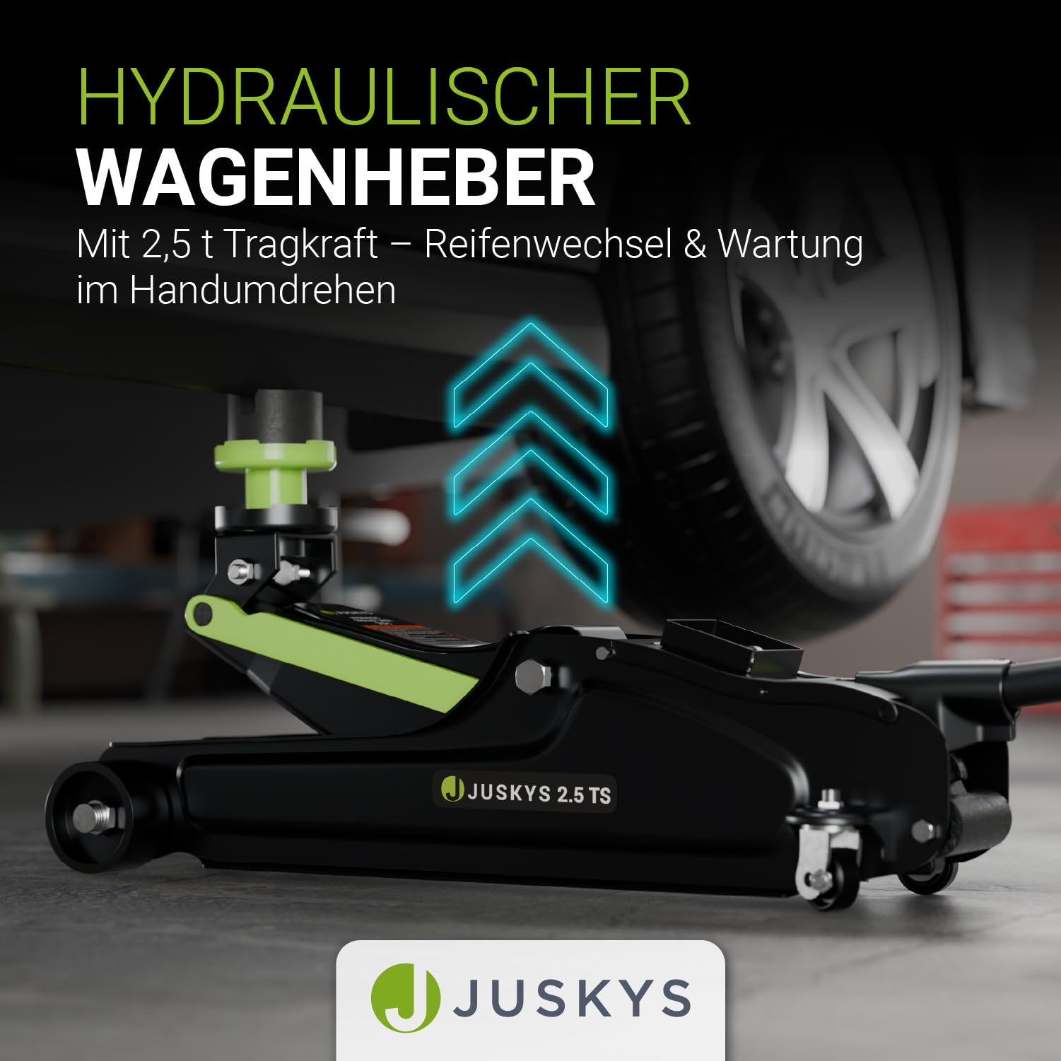 Juskys Wagenheber 2,5 t – Hydraulischer Rangierwagenheber aus Stahl 85–390 mm, mit Transportbox, Gummiauflagen & Zubehör – Schwarz/Grün