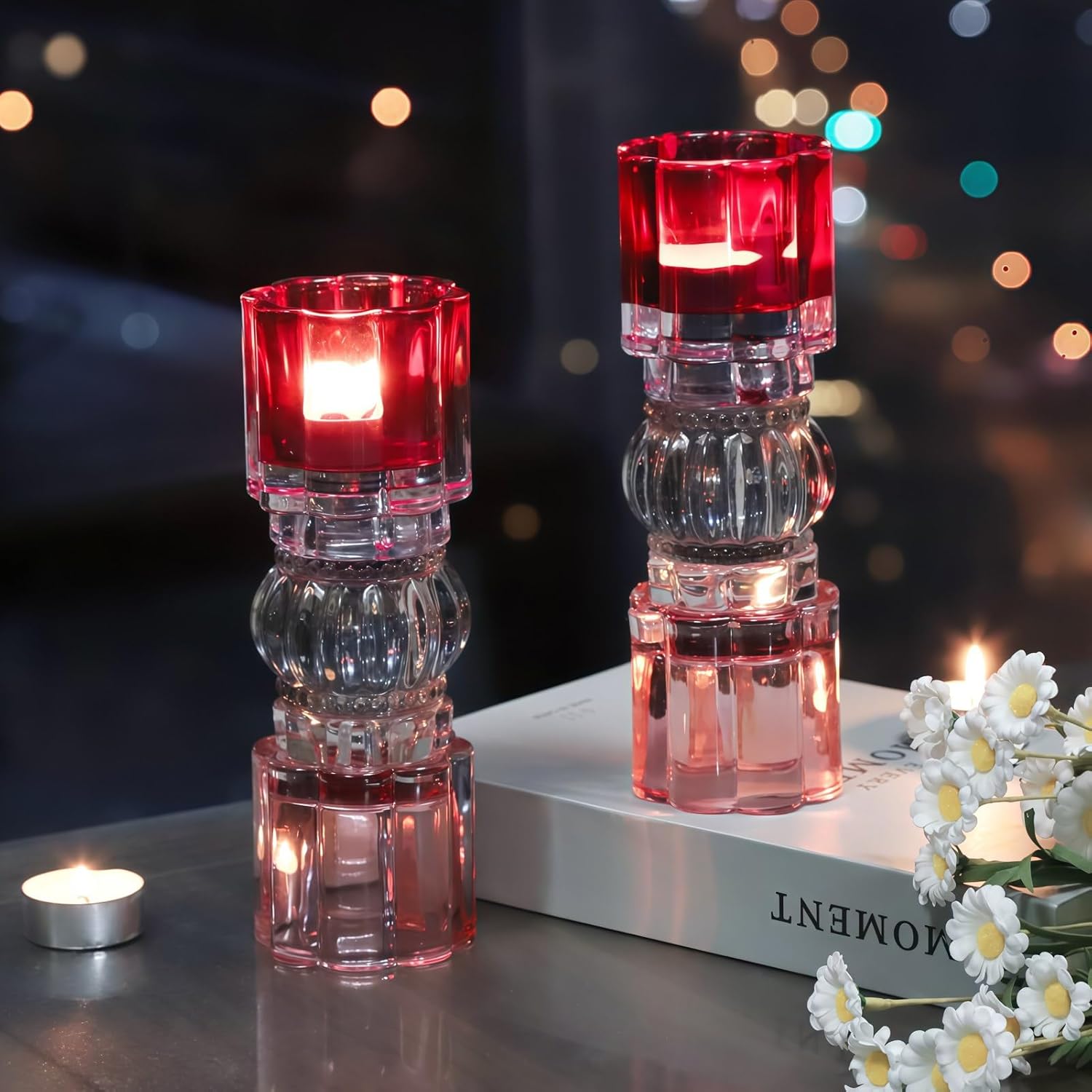 VOHO Pink Candle Holder for Valentines Day Decorations, Set of 2 Heavy Glass Votive Candle Holders Decor for Room Table, Romantic Tealight Candle Holder Gifts for Her(7.87x2.75 in W/H, Shades of Pink)