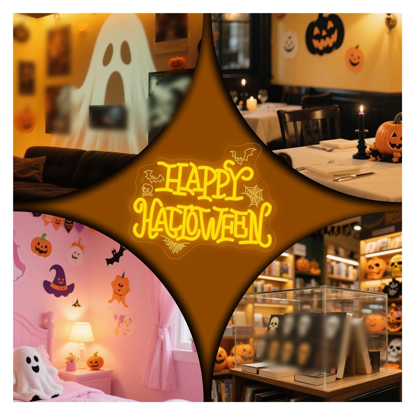 Hängende Kunst-Leuchtreklamen Happy Halloween Leuchtreklame Fledermäuse Spinnennetze Totenkopf Dimmbare LED-Licht-Wanddekoration für Halloween-Party 15.35×12.4in