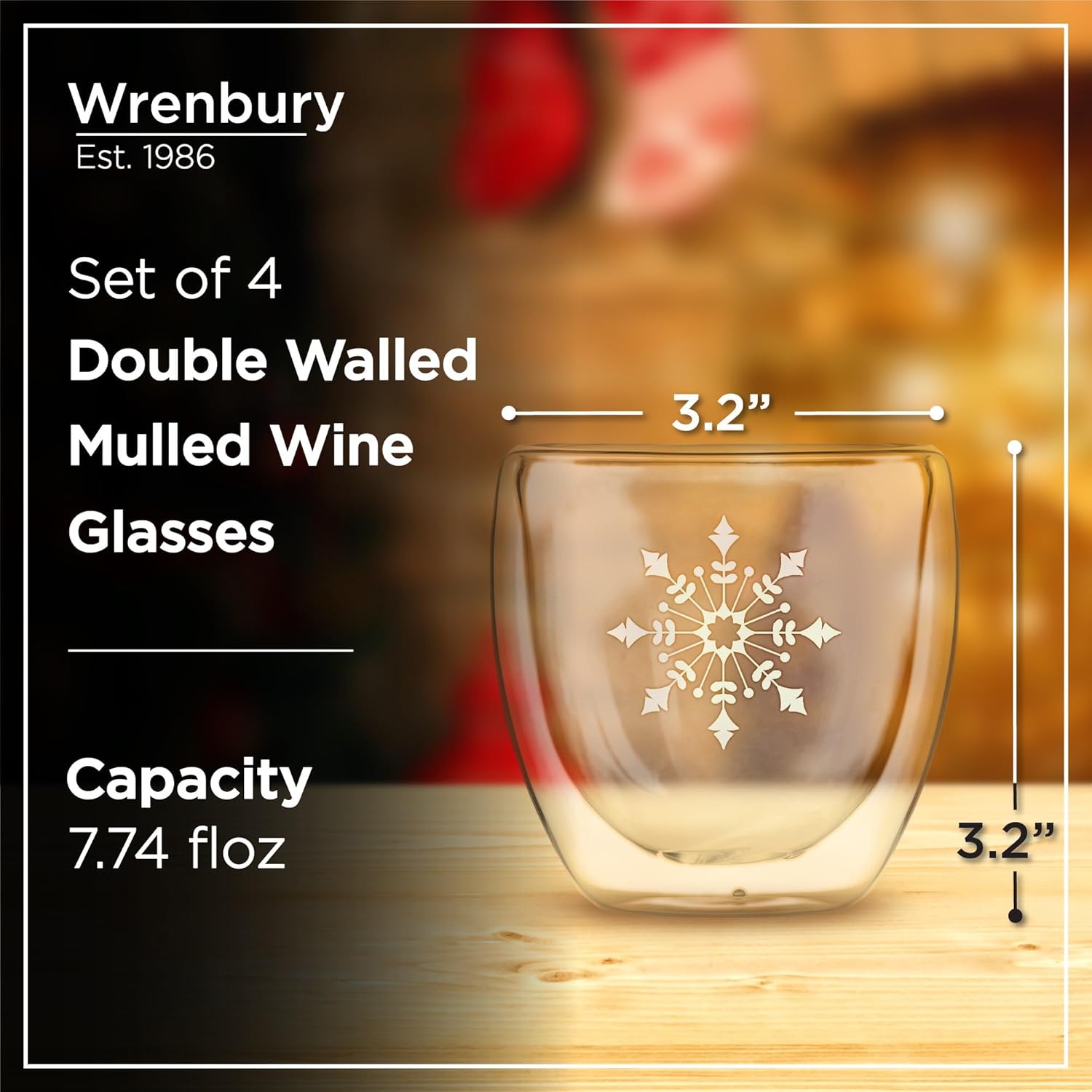 Wrenbury Mulled Wine Glasses Snowflake 7.7oz - Set of 4 Hot Toddy Mugs - Double Walled - Insulated Winter Christmas Eggnog Glogg Drinks - Gluhwein Cups