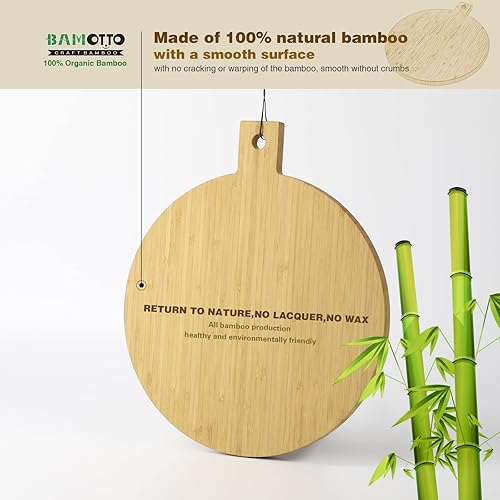Miniatura 3 de BAMOTTO Tabla de cortar redonda de bambú con asa, bandejas de pan de pizza y galletas de aperitivos, tabla de charcutería, tabla decorativa para