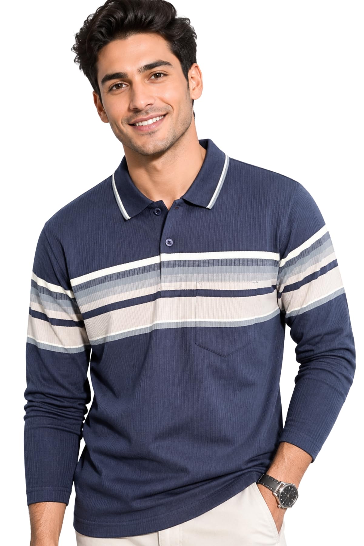 SANE ORIGINALS Full Sleeves Textured Polo Tshirt for Men Denim Blue - Image 1