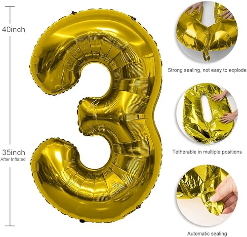 Miniatura 2 de Globo de número, globos de números de 40 pulgadas, globos dorados del número 3, globo gigante, globo de números de feliz cumpleaños, números grandes