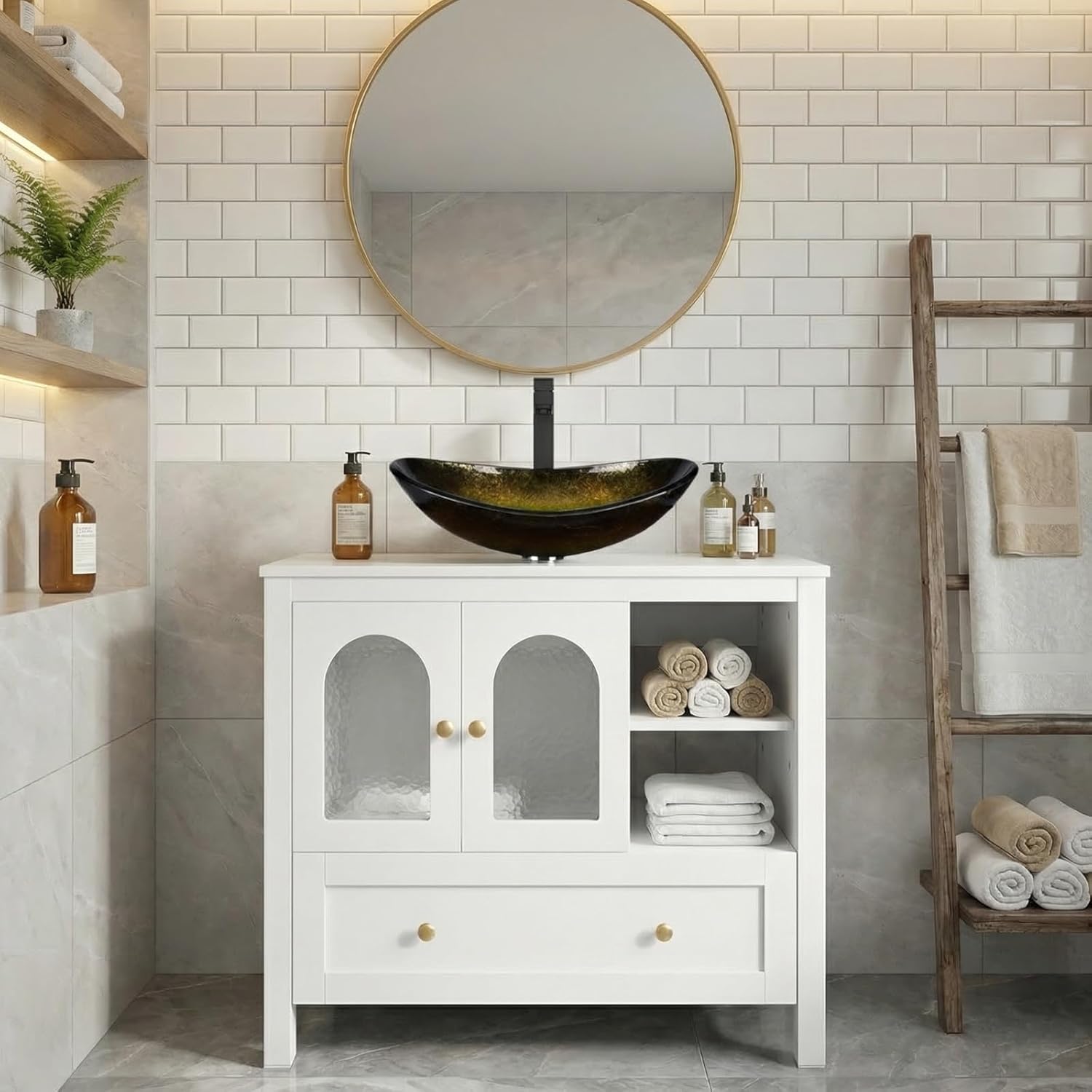 36'' Bathroom Vanity with Sink, White Freestanding Vanity Sink Cabinet with Drawer and Water Ripple Doors, Modern Bathroom Storage Cabinet with Gold Boat Glass Sink Top