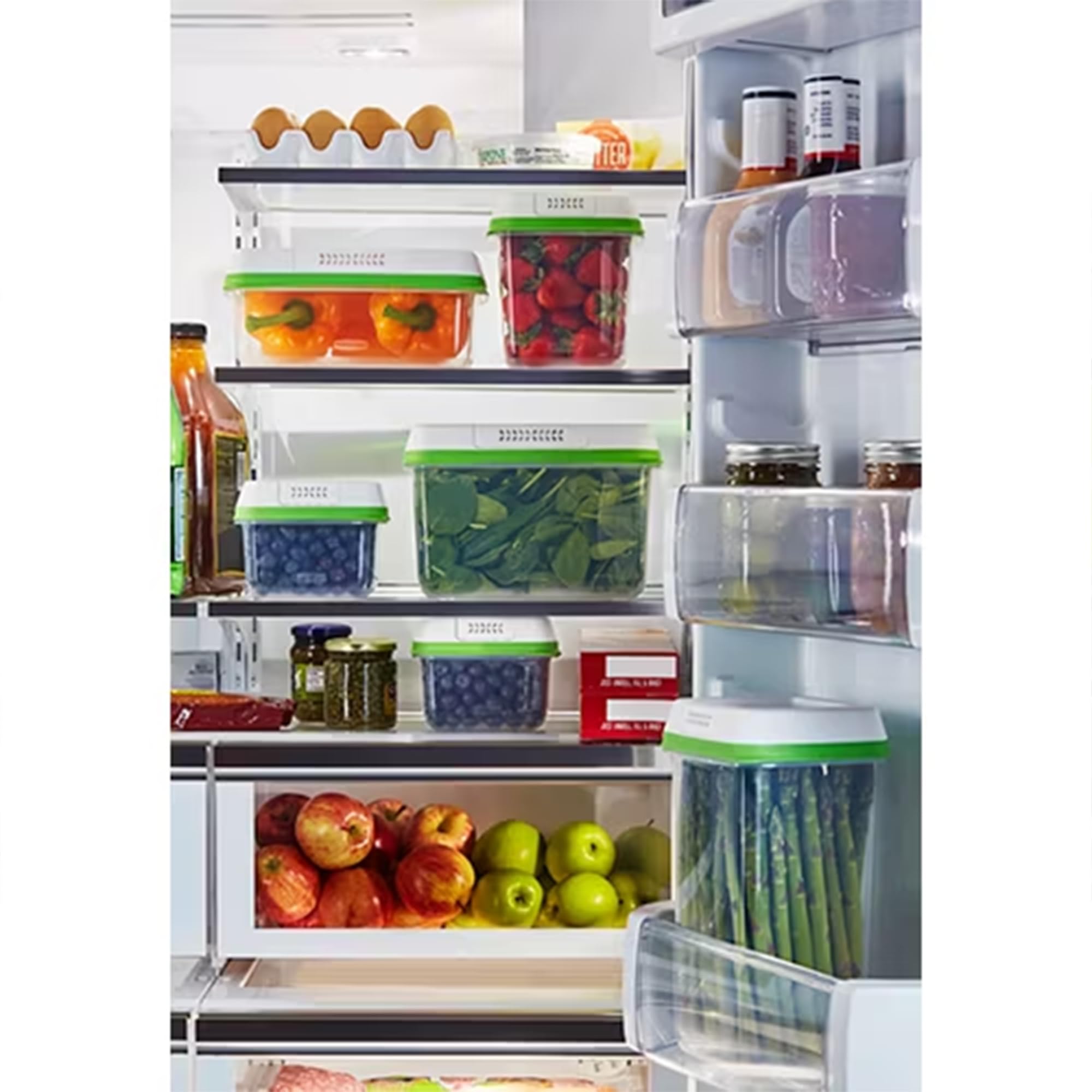 RUBBERMAID FreshWorks - Recipientes de almacenamiento medianos y grandes, juego de 6 piezas, transparente, blanco, verde, juego de 3, tamaño mediano y grande