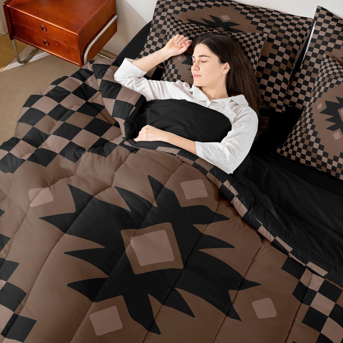 Feelyou Aztec Comforter Set with Sheets 7 Piece Queen Size Brown Black Checkered Bedding Set for Kids Boys Girls Boho Western Decor Bed in a Bag Farmhouse Room Decor Soft Lightweight Microfiber