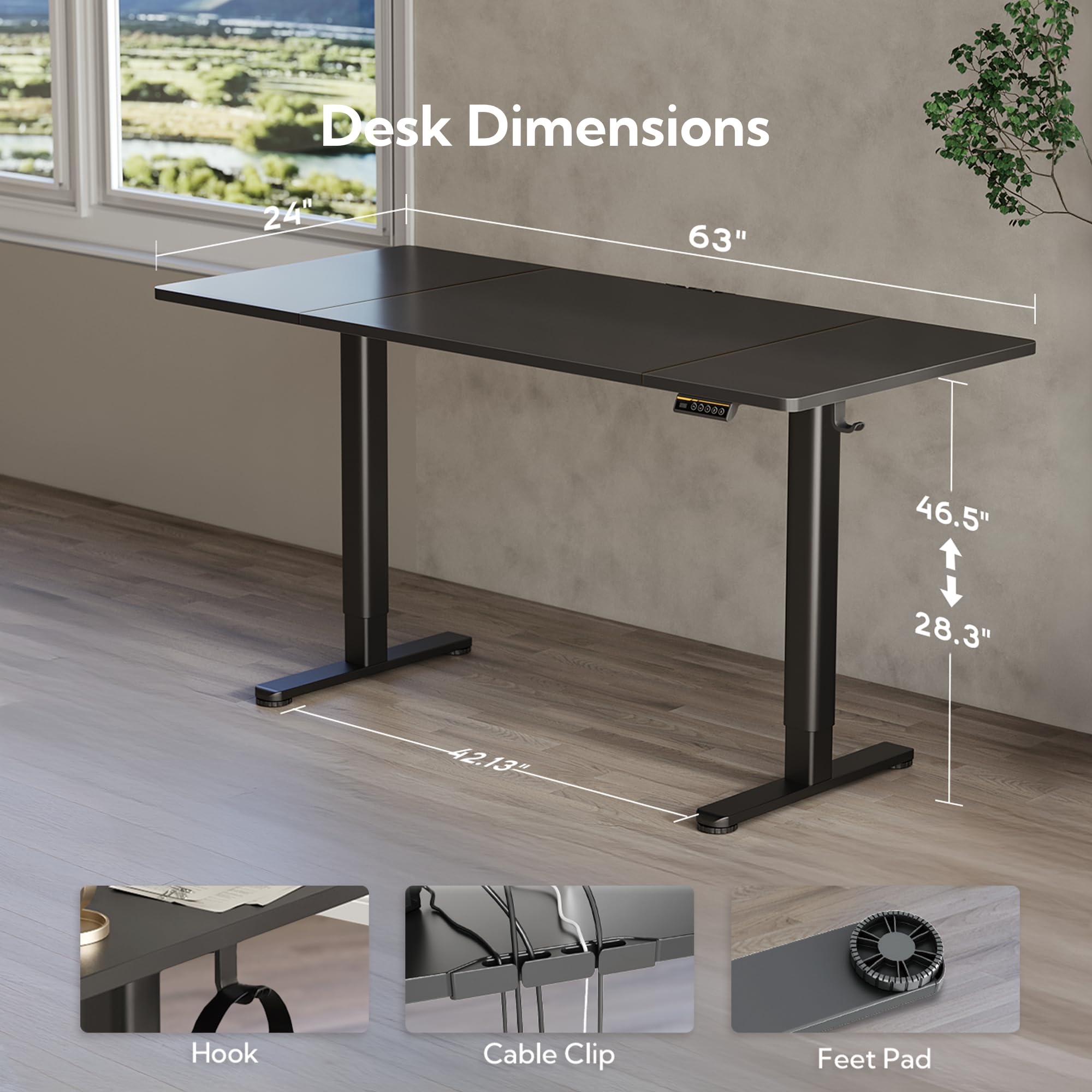 Claiks Electric Height Adjustable Standing Desk, 63x24 Inch, Black view 4