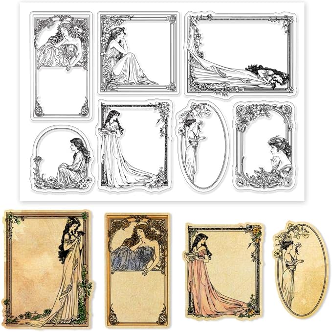 GLOBLELAND Vintage Frau Rahmen Transparente Silikonstempel Vintage Dame Rahmen Klare Stamps Blumen Rahmen Silikonstempel Für Kartengestaltung DIY Prägung Journaling